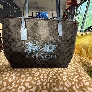 Coach Black and Light Blue Signature Tote